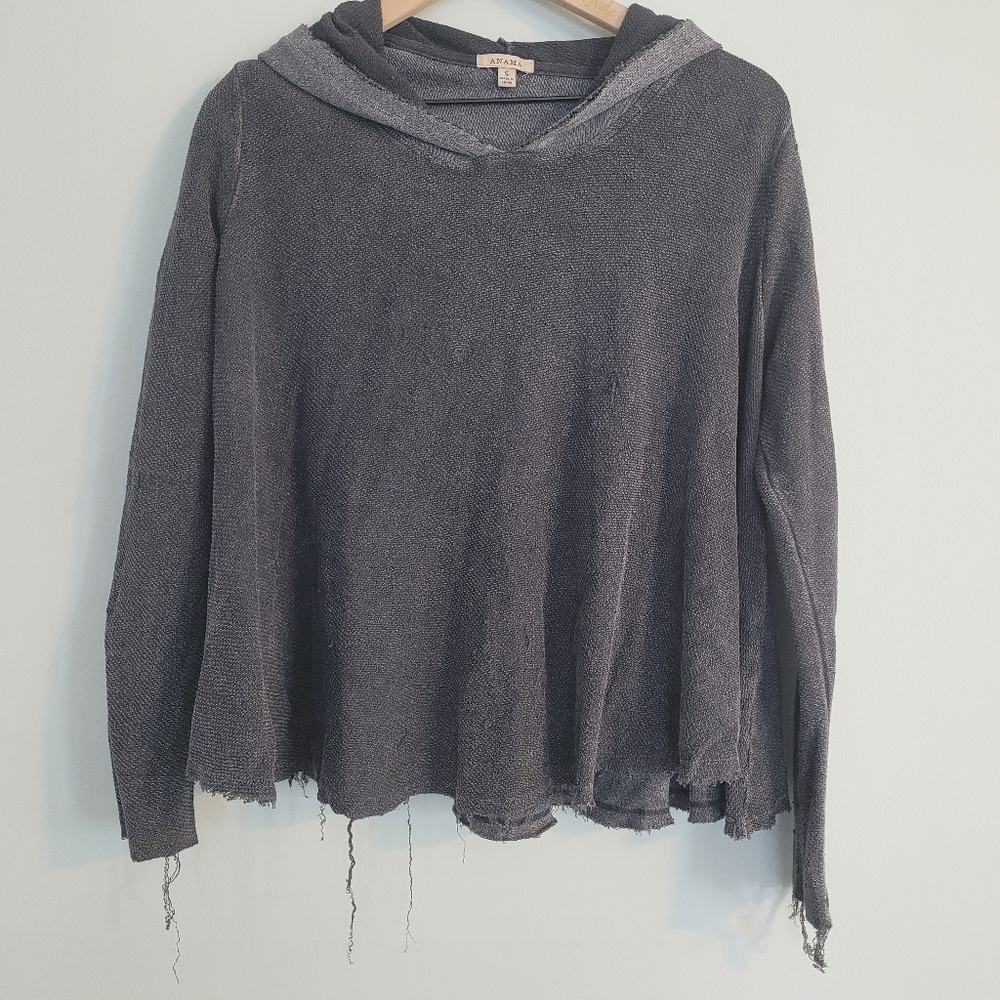 Anama Hooded Sweatshirt Gray Distressed Womens Small Raw Hem Long Sleeve Top
